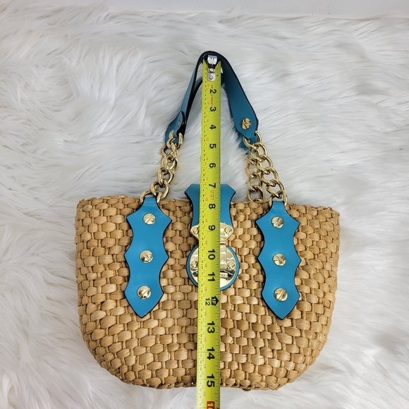 Michael Kors Santorini weave bucket tote wheat blue leather lined rafia straw - Picture 10 of 14